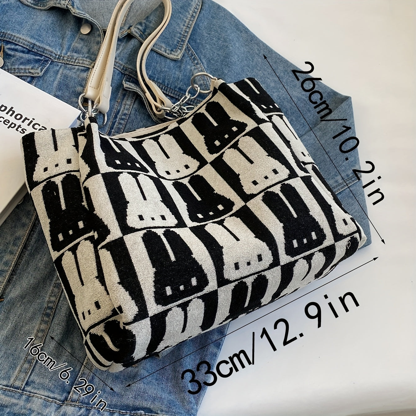 Sac Cabas Chic à Motif Lapin – Grande Capacité, Design Contrasté, Sac Décontracté à Porter à l’Épaule ou Sous le Bras, Fermeture Éclair