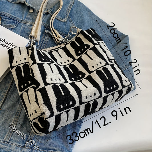 Sac Cabas Chic à Motif Lapin – Grande Capacité, Design Contrasté, Sac Décontracté à Porter à l’Épaule ou Sous le Bras, Fermeture Éclair
