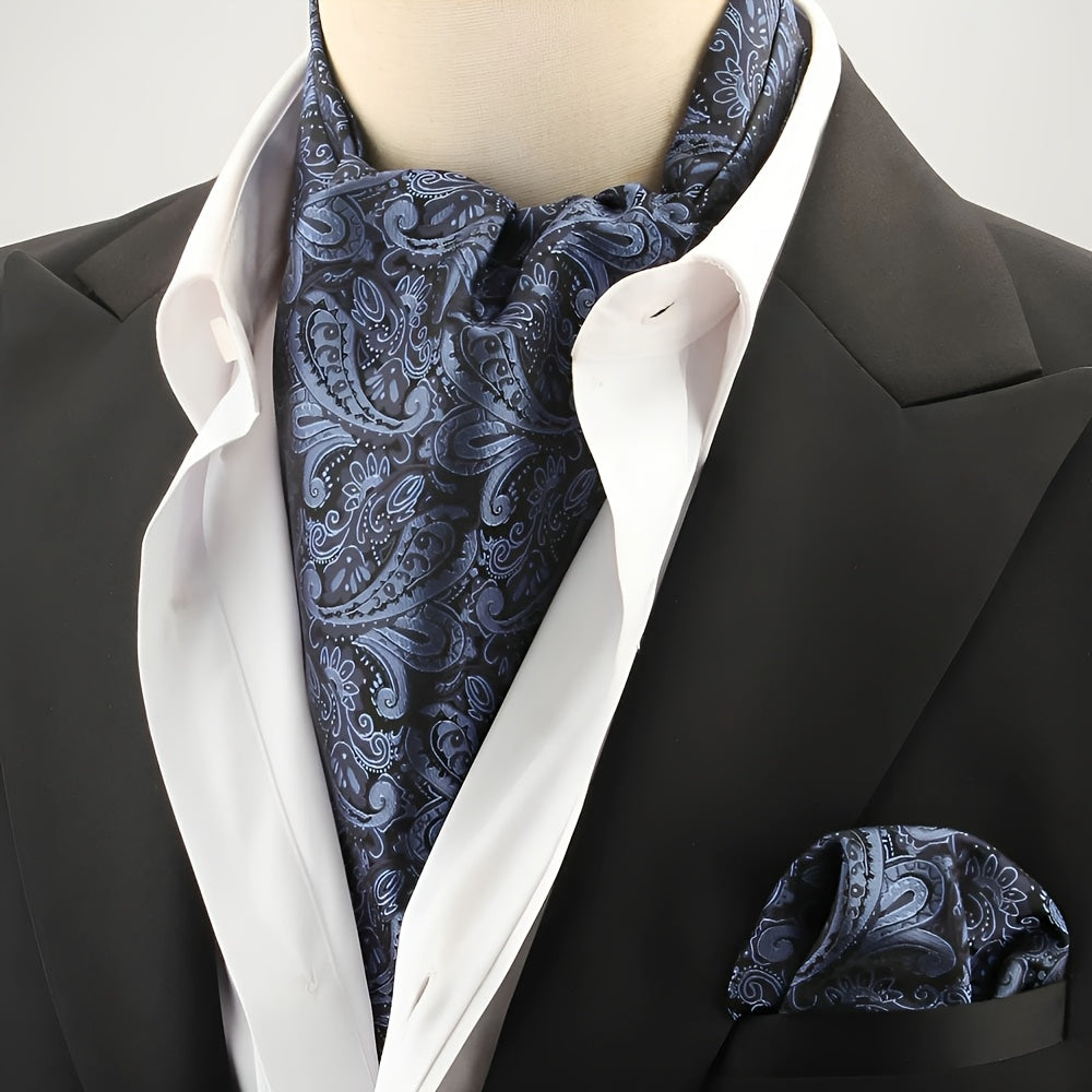 2pcs Ascot Homme – Écharpe et Pochette Style Rétro Britannique pour Mariages et Événements, Motifs Pois/Paisley/Fleur