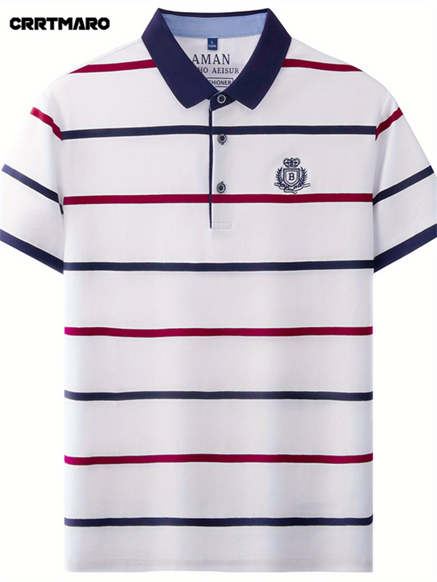 CRRTMARO Men's Short Sleeve Shirt - Summer Striped Embroidered Logo, Vibrant Yellow & Navy, Breathable Regular Fit Casual Button-Up for Office & Leisure