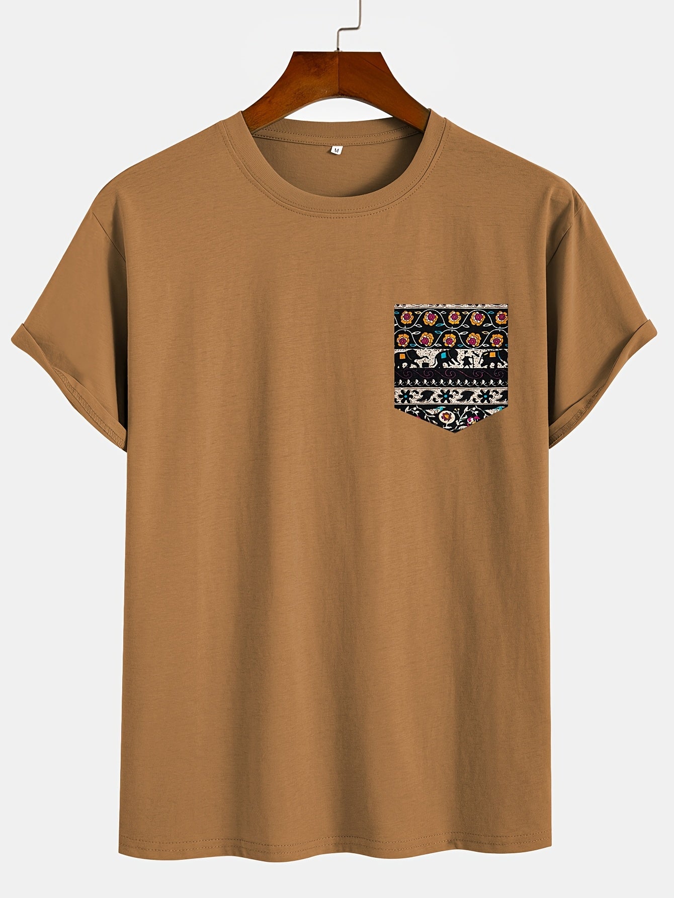 Solid Color Short Sleeve T-Shirt, Ethnic Style Pocketed Tee with Random Print on Pockets, Round Neck Short Sleeve Shirt