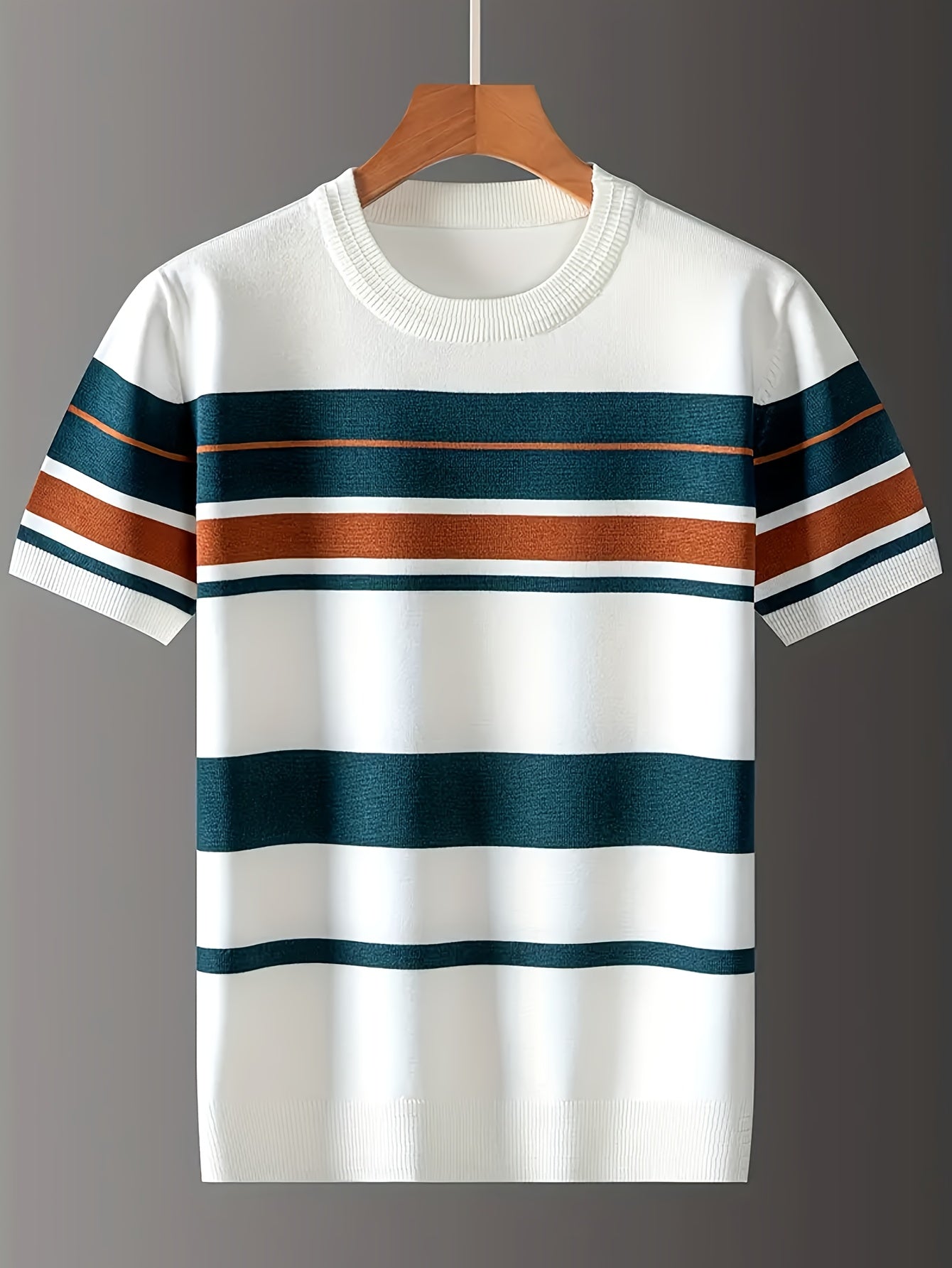 New Men'S Short-Sleeve Knitted T-Shirt for Summer, Trendy Brand with a Round Neck, Stylish Casual Striped Tee, Fashionable Men'S Clothing.