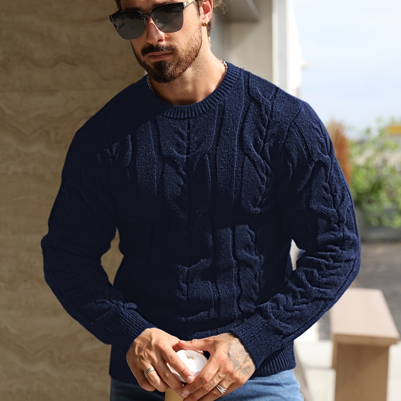 Men's Casual Striped Pullover Sweater - Soft Stretch Knit Crewneck Long Sleeve, Machine Washable H-Fit Ribbed Trim for Autumn Winter, Medium Elasticity Fabric