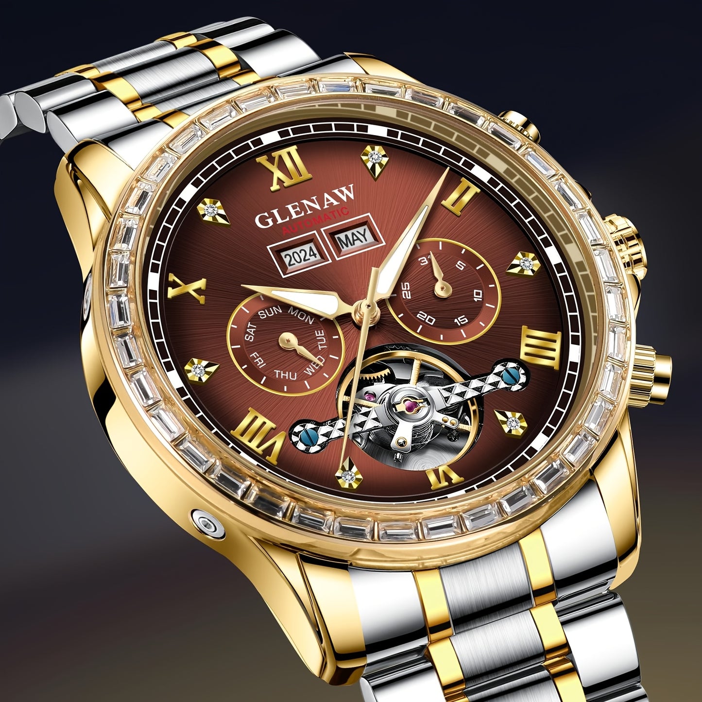 Men'S Automatic Mechanical Watch - Stainless Steel Band, Date Display, Perpetual Calendar, Rose Golden Hands, Zinc Alloy Case, Elegant Design for Everyday & Formal Wear, Formal Timepiece, Luxury Timepiece, Sophisticate