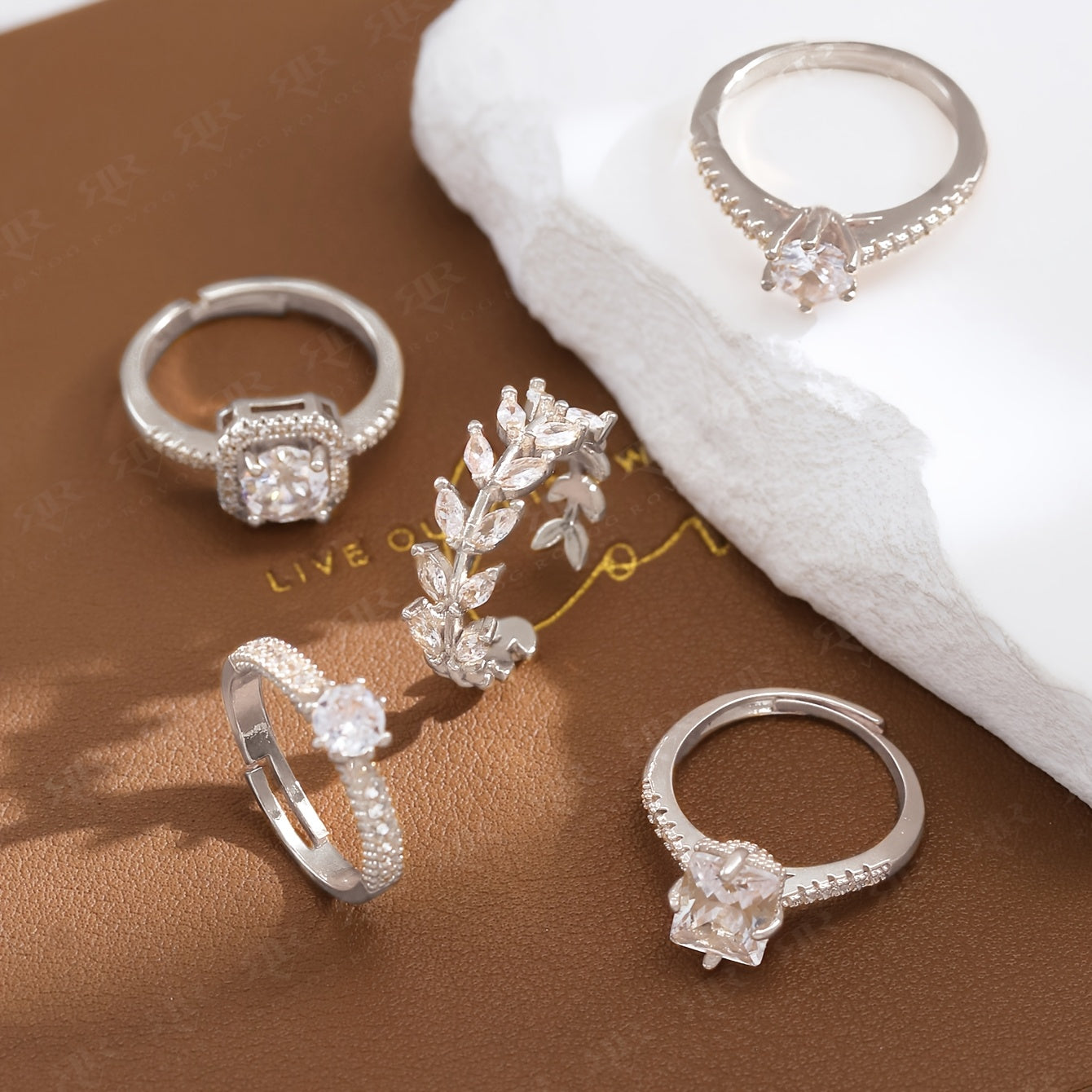 5pcs Set Women's Luxury Minimalist Cubic Synthetic Zirconia Wedding & Party Ring Set - Look Elegant for Daily Wear, Special Events, Year-Round Versatile Matching Set (No Plating)