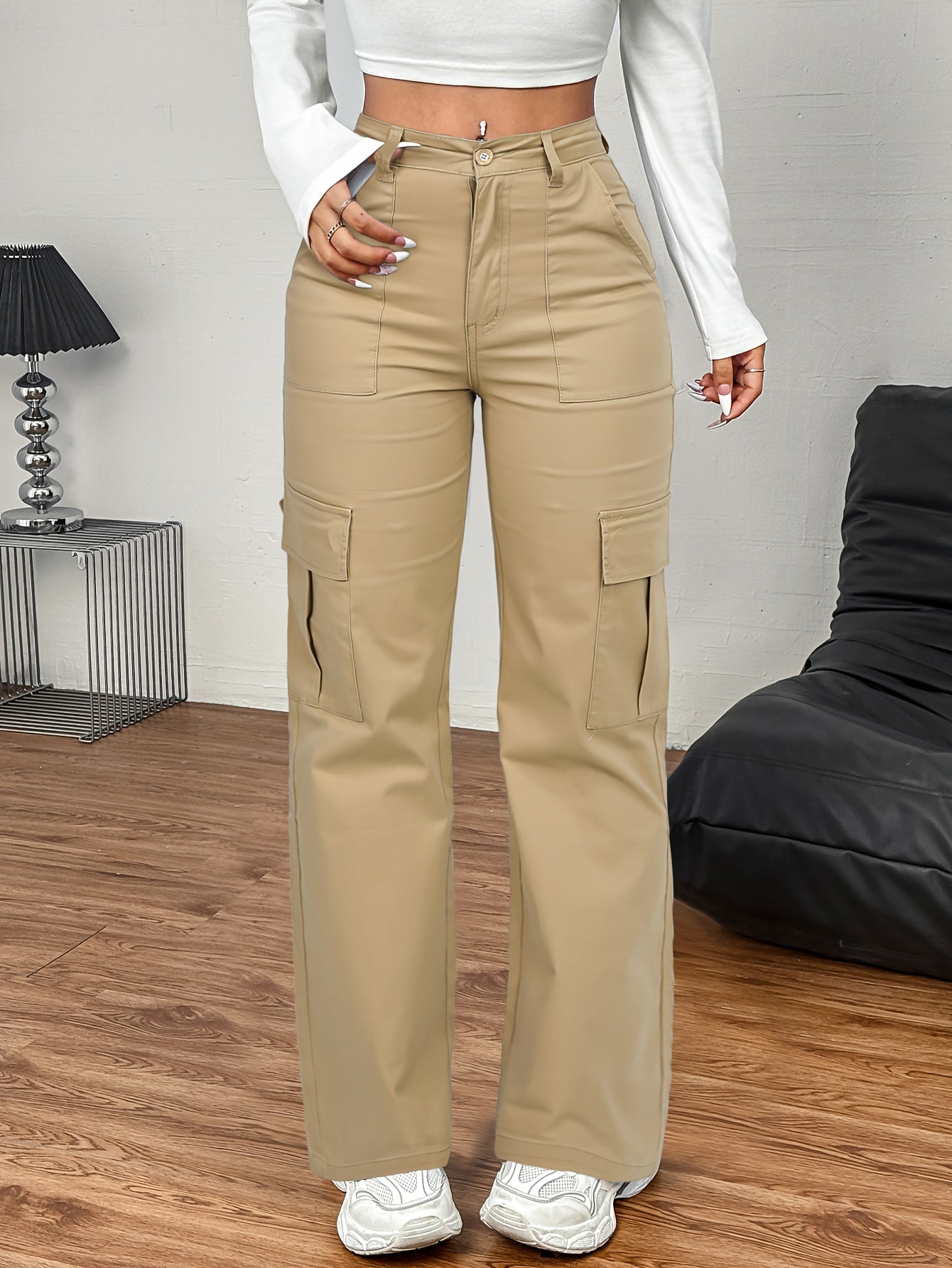 Jeans Cargo Femme – Taille Haute, Beige, Poches Multiples, Jambe Droite, Style Streetwear Hip-Hop