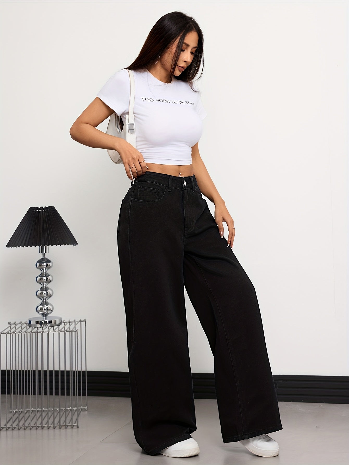 Jeans Femme Taille Haute – Jambe Droite, Noir, Décontracté avec Poches, Tous Saisons