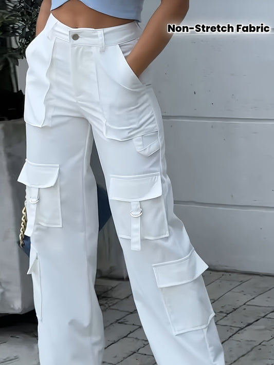 Pantalon Cargo Femme Blanc – Taille Élastique avec Cordon, Multiples Poches, Tous Saisons, Décontracté et Confortable