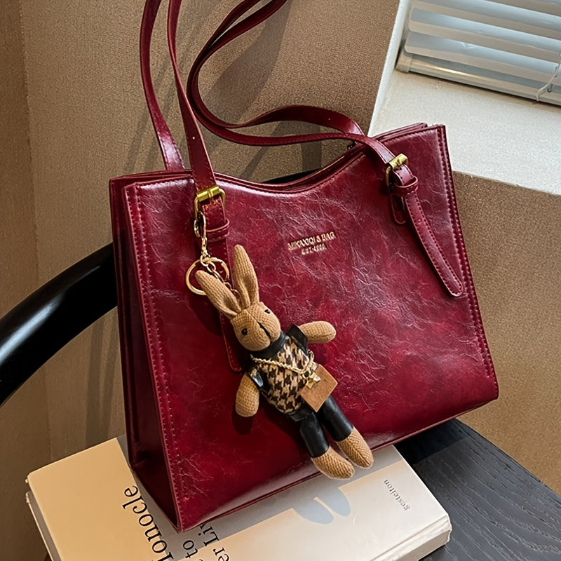 Sac fourre-tout rouge élégant avec fermeture zippée – grande capacité, bandoulière et crossbody polyvalent pour femmes, avec pendentif lapin, parfait pour mariages et occasions spéciales