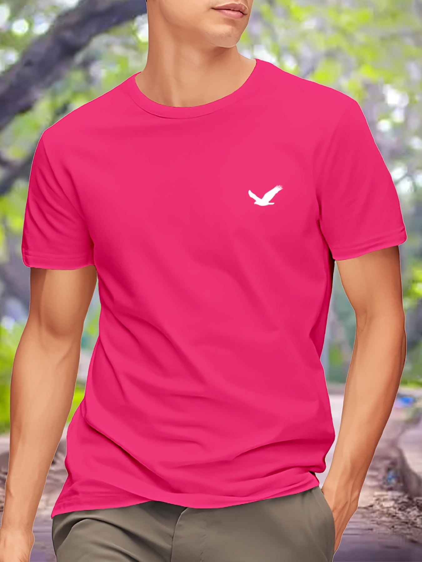Men'S One Bird Graphic T-Shirt - Bright Pink with Bird Design, Lightweight Breathable Fabric for Everyday & Formal Wear - Minimalist Casual Tee for Office, Outings, Parties - Model T24-T240911-S, Party Attire, Round Neckline
