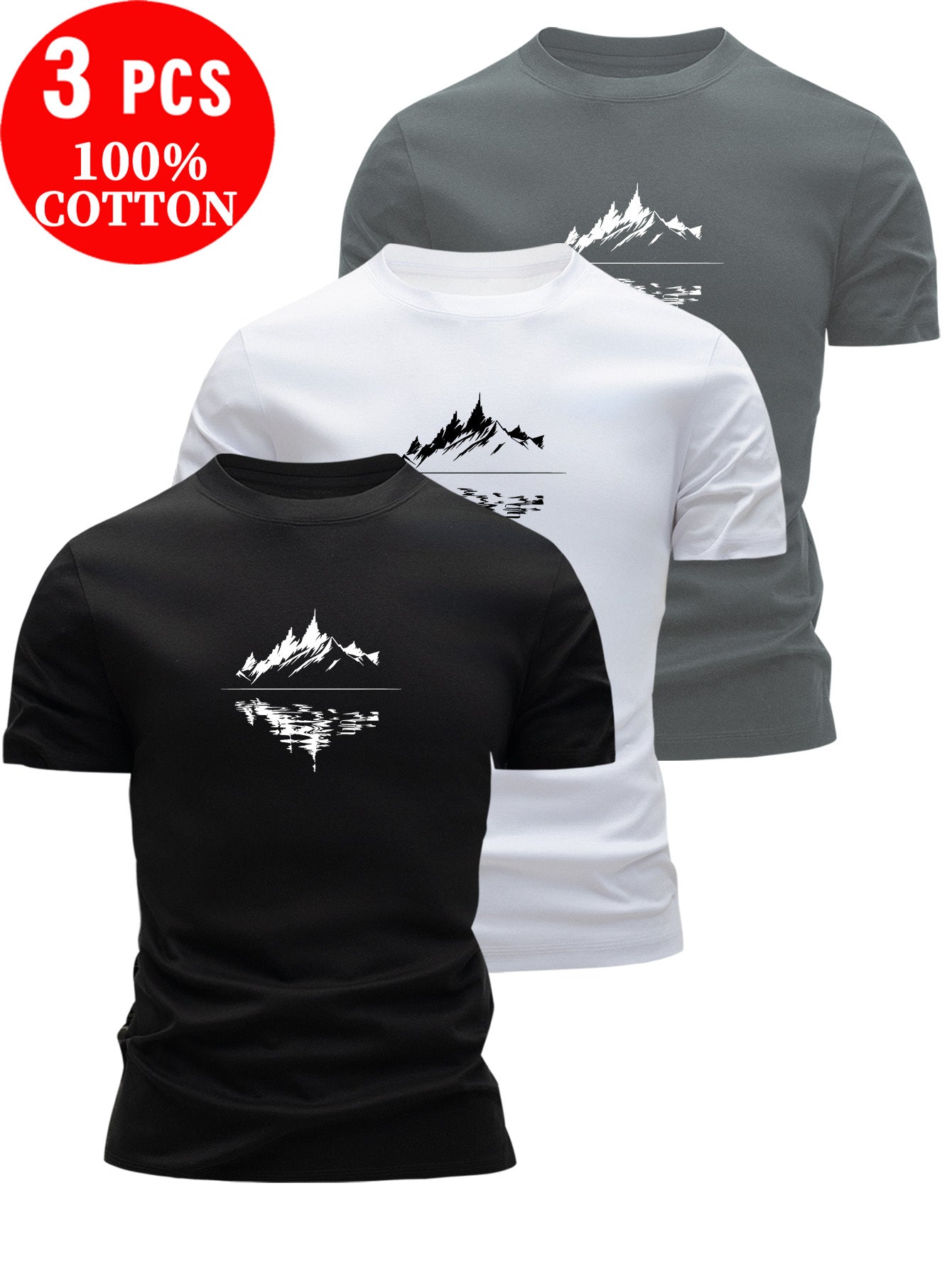 3pcs Men's 100% Cotton T-Shirts with Mountain Landscape Print - Slim Fit Short Sleeve Round Neck Breathable Summer Tees in White, Red, Blue | Casual Outdoor & Casual Attire, Hand Washable, Nature-Inspired Design, Shirts for W