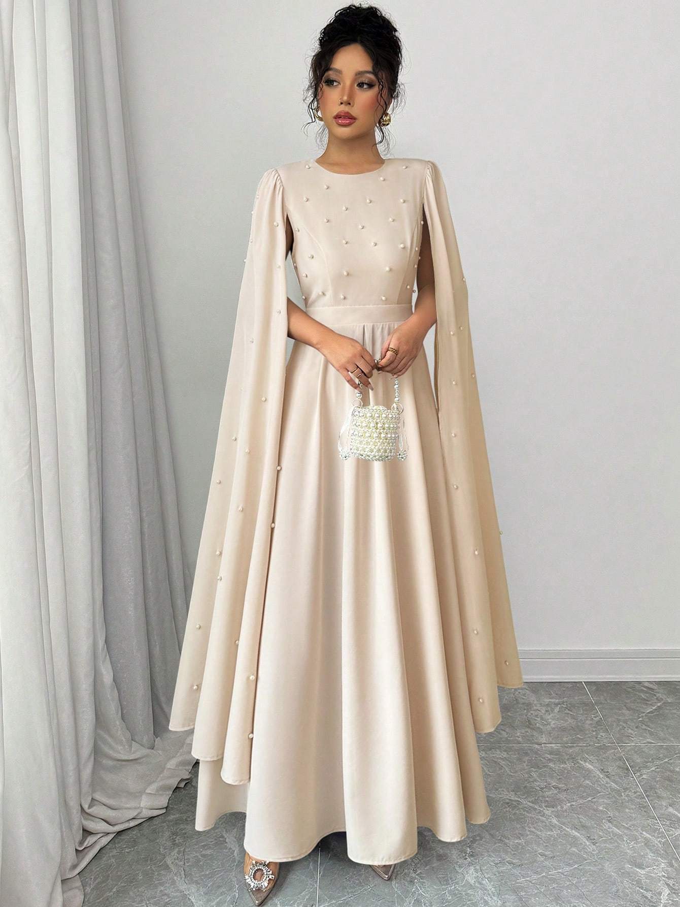 Cloak Sleeve Dress with Pearl Embellishments, Elegant And Fitted, Vintage Style, Evening Gown.