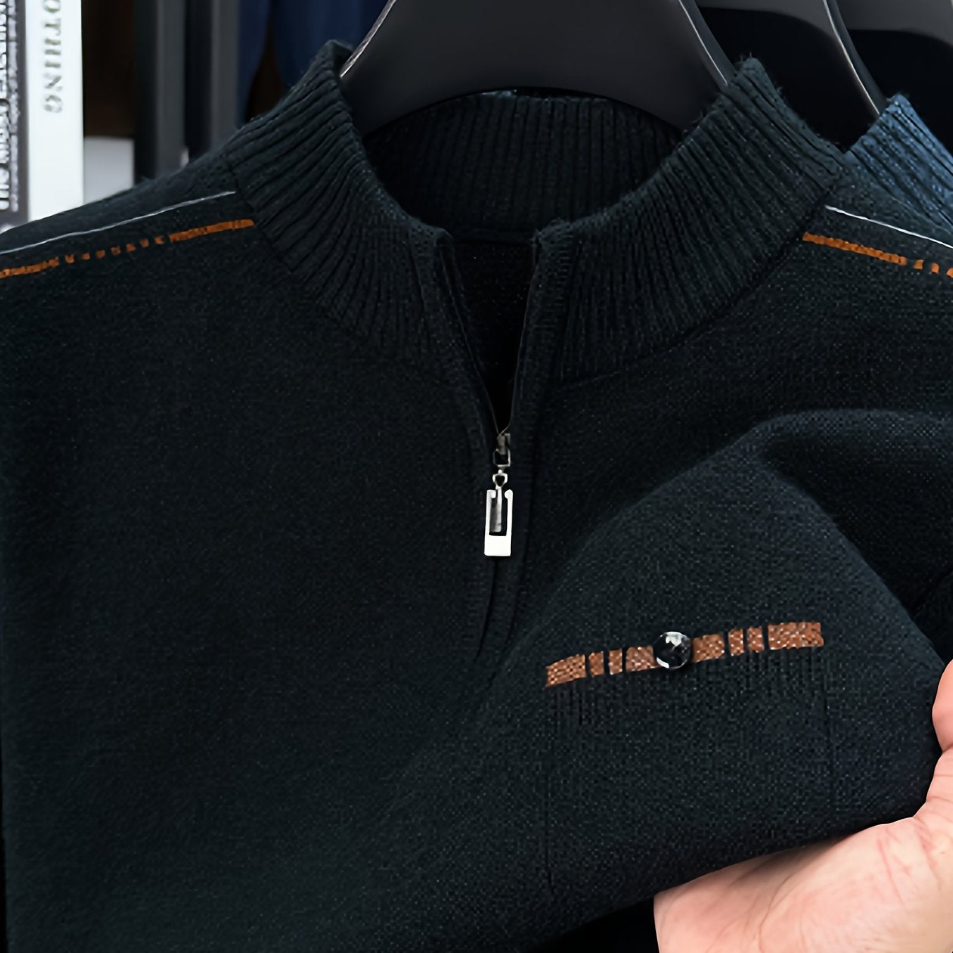 Men's Heavyweight Half-Zip Sweater - Stand Collar Zippered Winter Knit Sweater with Striped Collar & Back Logo, Dark Blue Casual Warm Pullover for Fall/Winter, Versatile Layering for Office & Casual Attire