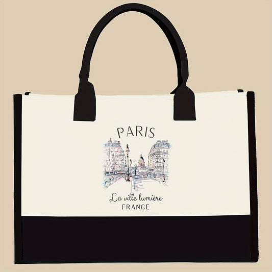 Sac Cabas Élégant Paysage Urbain Parisien – Toile, Poignées, Sans Fermeture, Style Décontracté, Non Doublé, Sac Cabas Quotidien | Sac Cabas Élégant | Poignées Durables, Sac Cabas