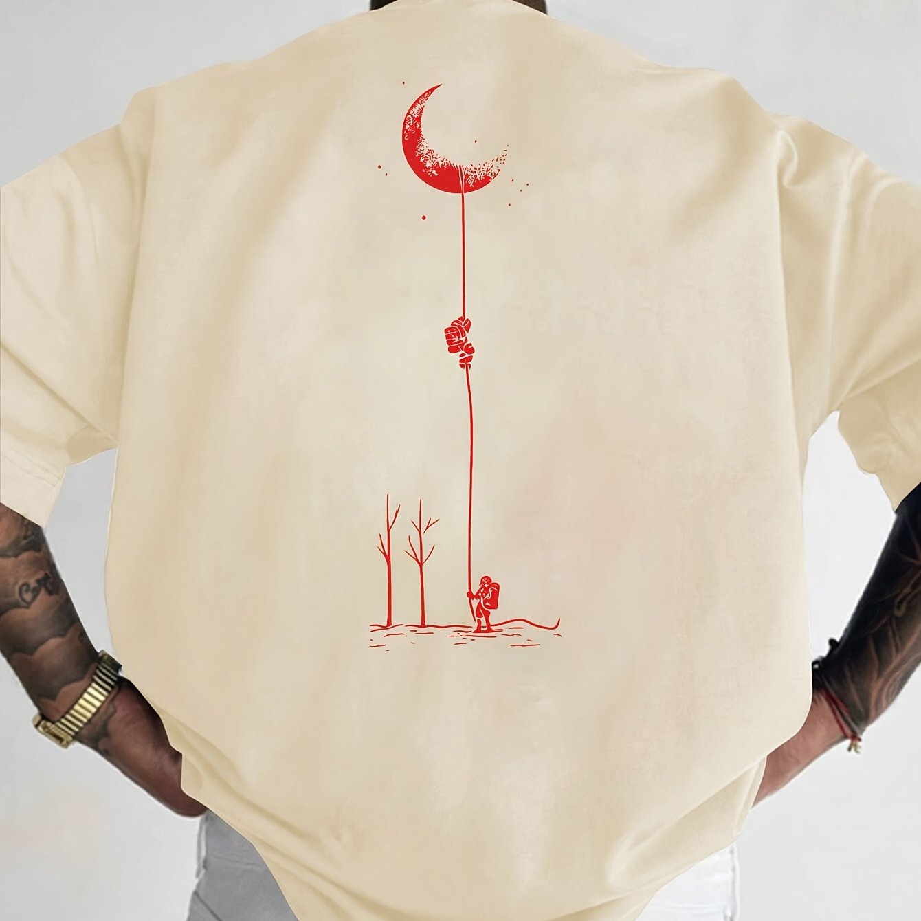 Moon and Trees Design Front & Back Graphic Crew Neck Cotton Summer Fashion Short Sleeve Casual Daily Style Top with Unique Geometric Pattern, Suitable for Spring/Summer Outdoor Activities