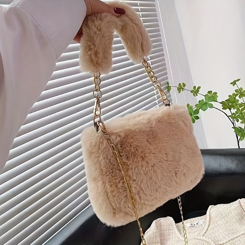 Sac en peluche automne/hiver femme – bandoulière réglable, petit sac carré léger et stylé, fermeture éclair, doublure synthétique, 5 couleurs au choix