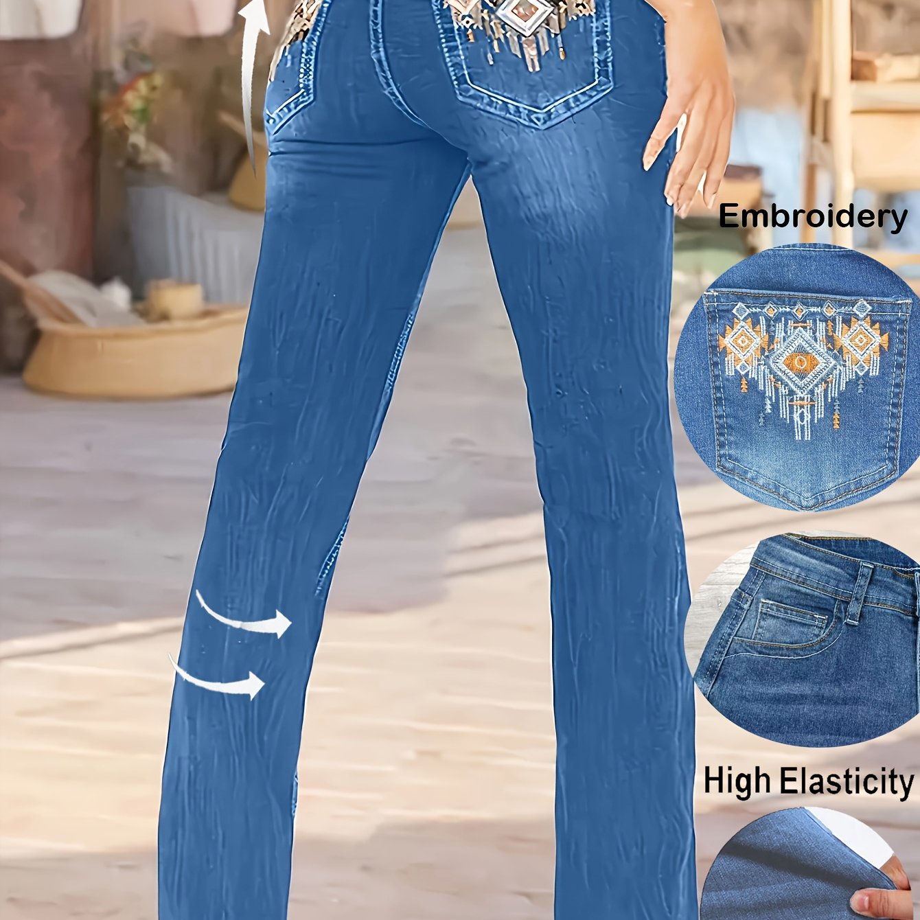 Jean droit casual pour femmes – Polyester extensible, couleur unie, fermeture éclair et bouton