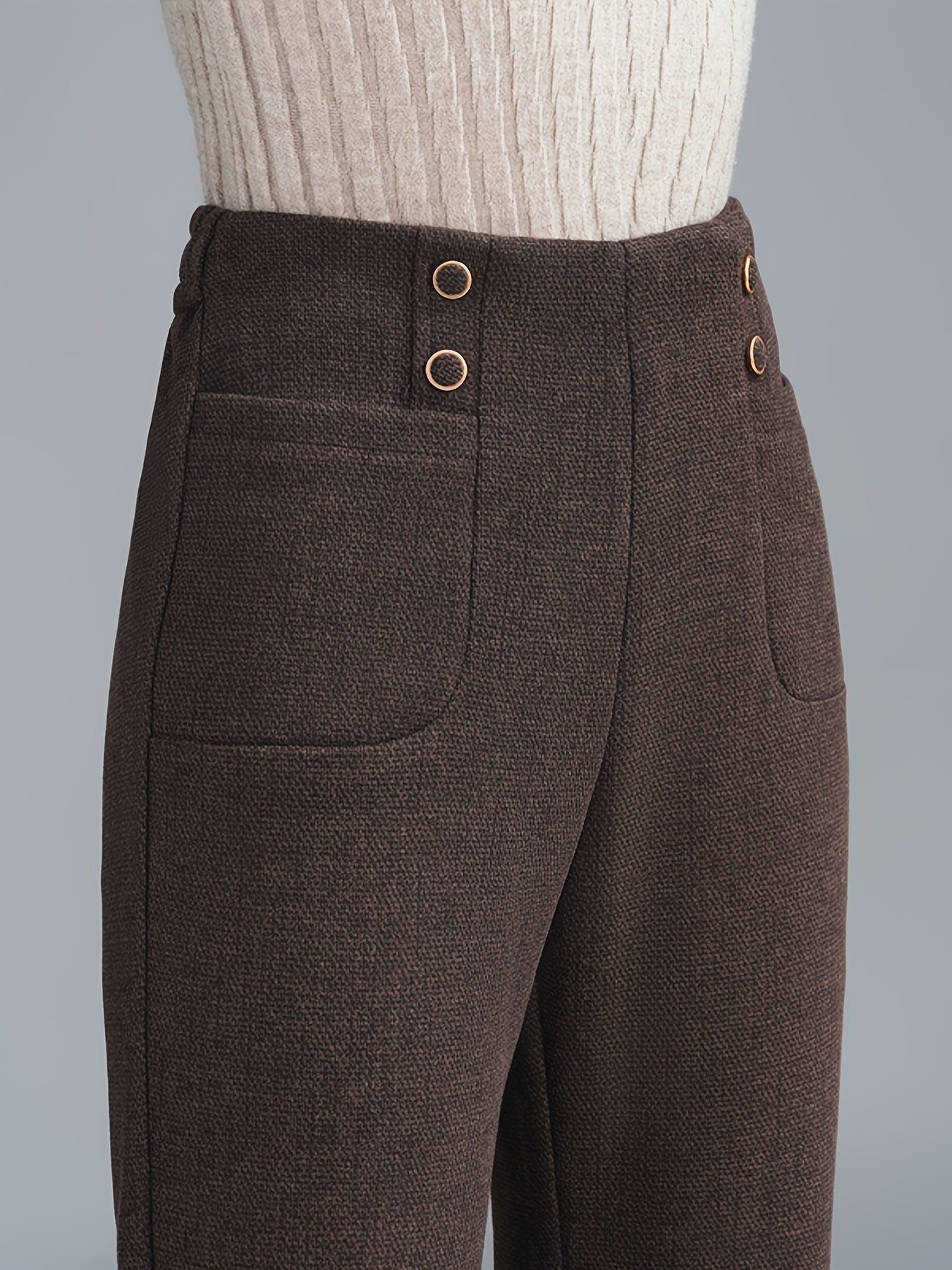 Pantalon Femme en Tweed Laine-Mélange – Jambe Droite, Taille Élastique avec Boutons, Marron Foncé, Automne/Hiver, Élégant et Décontracté