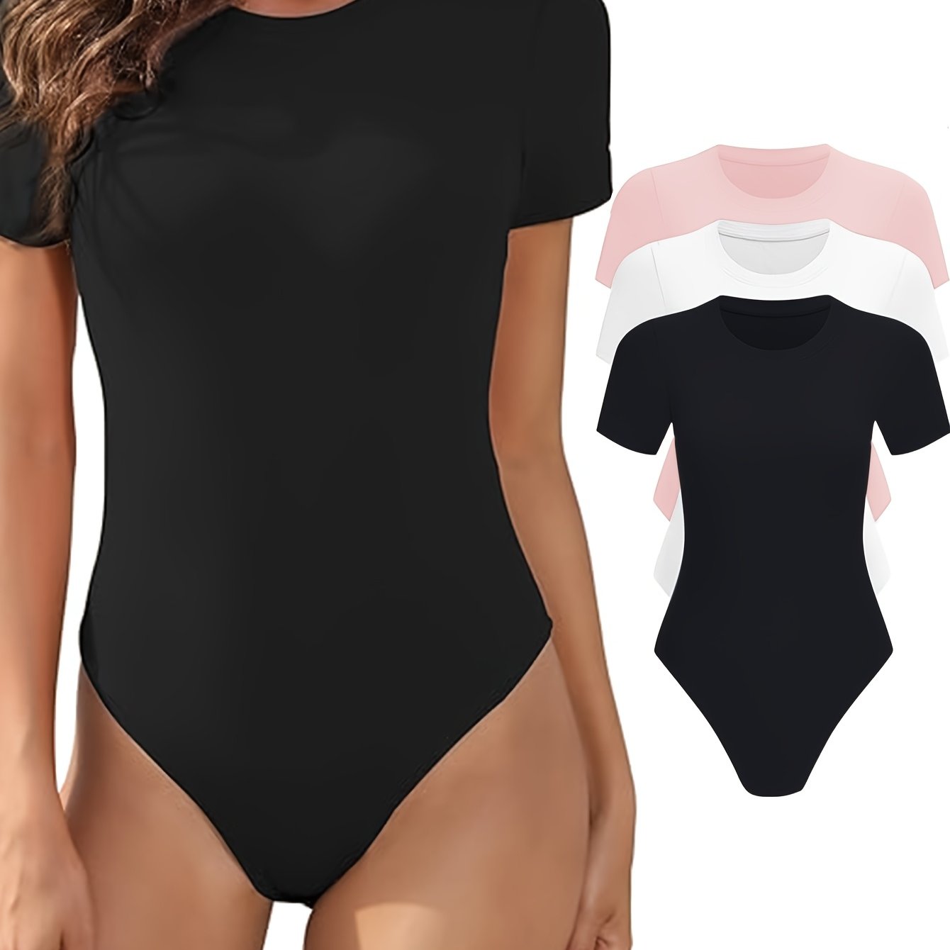 Lot de 3 bodys femme – manches courtes, col rond, coupe ajustée, basiques confortables