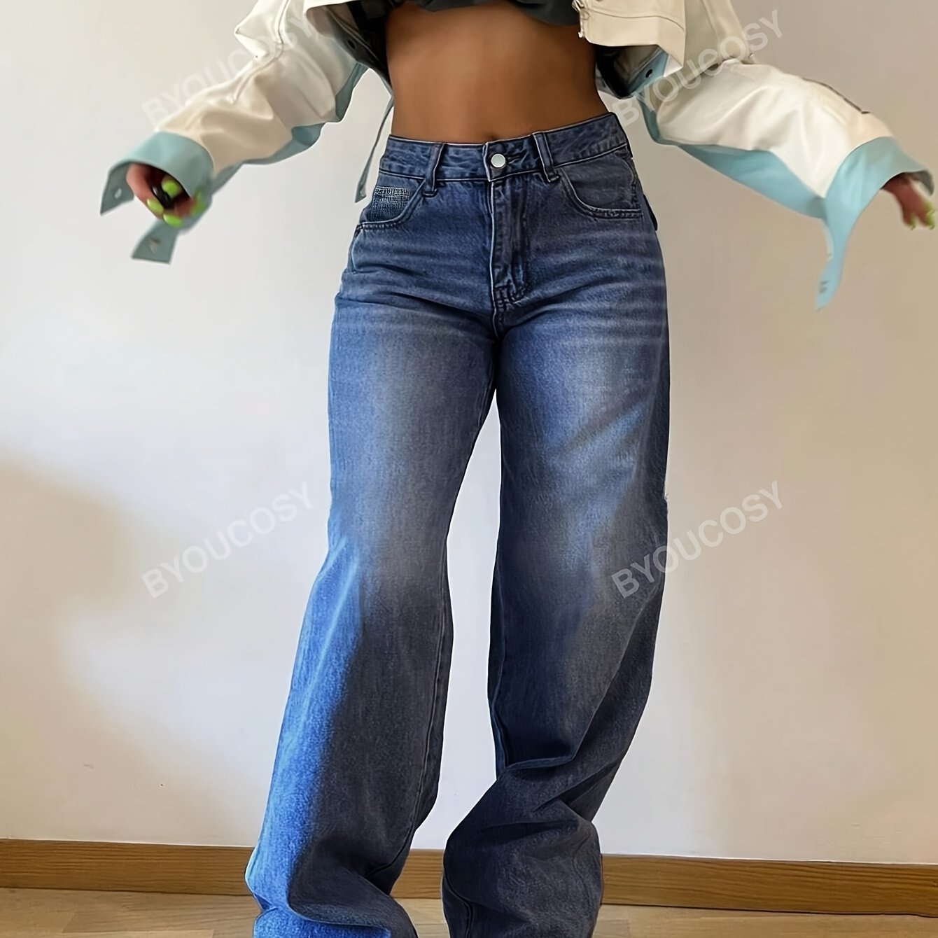 Jeans Femme Taille Haute Jambe Large Non Transparent Lavable Toute Saison Décontracté et Formel Polyvalent Durable