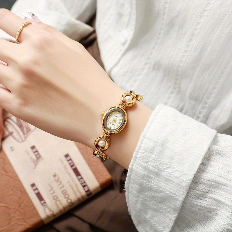 Montre femme vintage, bracelet en alliage doré, mouvement quartz, cadran ovale, détails élégants, cadeau idéal pour la fête des mères, la Saint-Valentin ou occasions spéciales