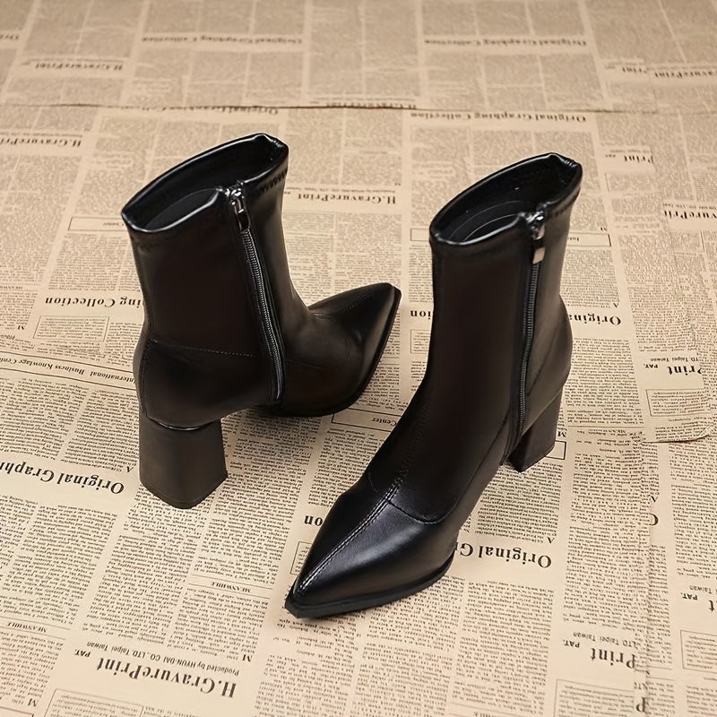 Bottines Élégantes Femme à Talon Bloc Épais — Bout Pointu, Couleur Bordeaux/Brun, Revêtement Synthétique