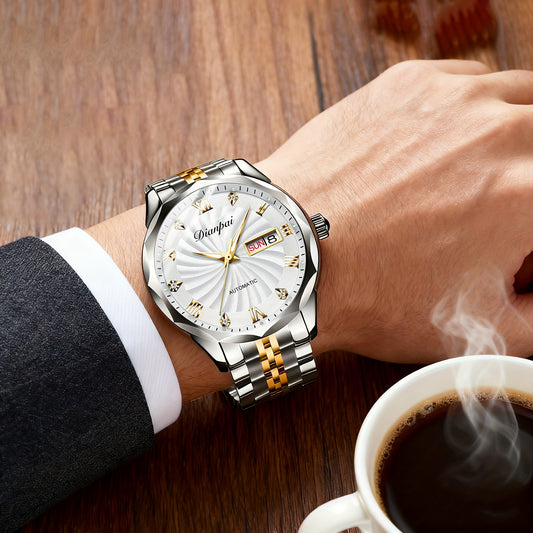 Men'S Business Automatic Mechanical Watch with Stainless Steel Strap, Week Calendar Display & Night Light - Self-Winding Mechanical Movement, Without Battery