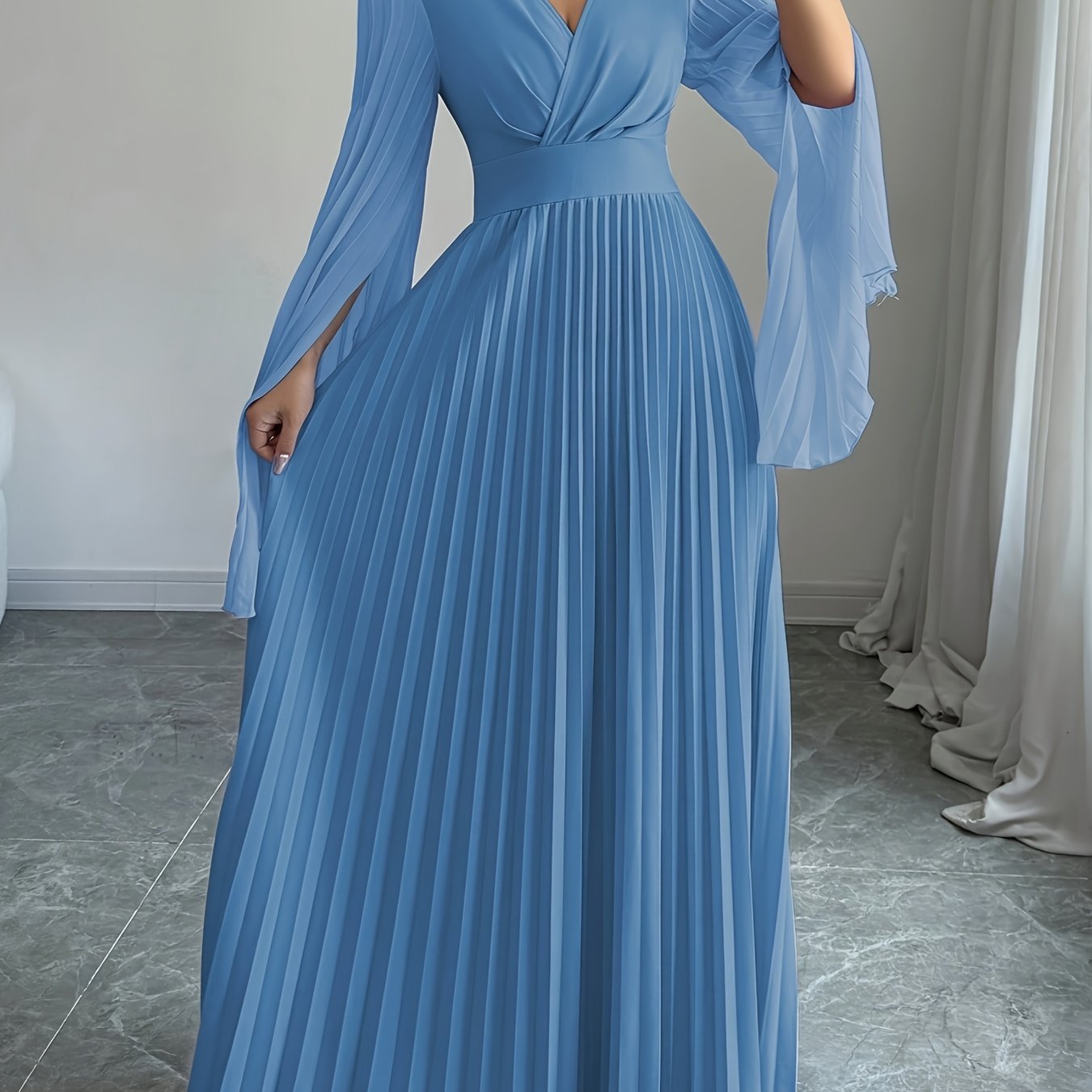 Elegant And Romantic Long Dress for Women with a V-Neck And Pleated Open Sleeves, Perfect for Parties, Gatherings, And Casual Occasions. This Solid Color, Waist-Cinching, Pleated Skirt Is a Fashionable And Versatile Choice fo