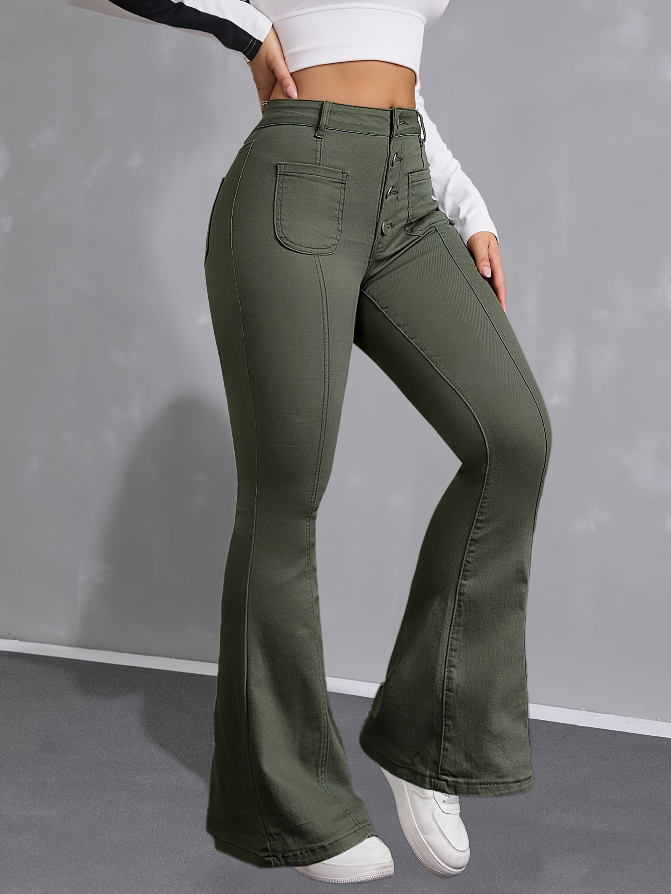 Jeans Femme Taille Haute Vert – Jambe Évasée, Extensible, Boutonnage Simple