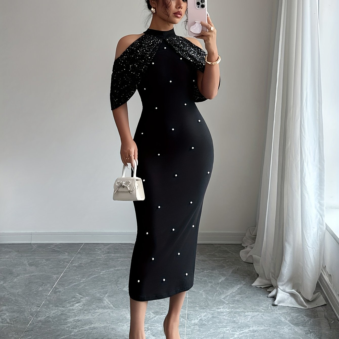 Pearl Bodycon Dress | Off-Shoulder Sequins + Back Cutout, an Elegant Evening Gown.