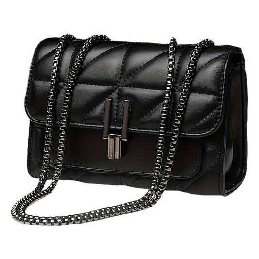 Sac à bandoulière noir élégant en similicuir avec chaîne – style chic, motif à carreaux, fermeture à tourniquet, doublure synthétique, idéal pour les occasions décontractées et formelles.