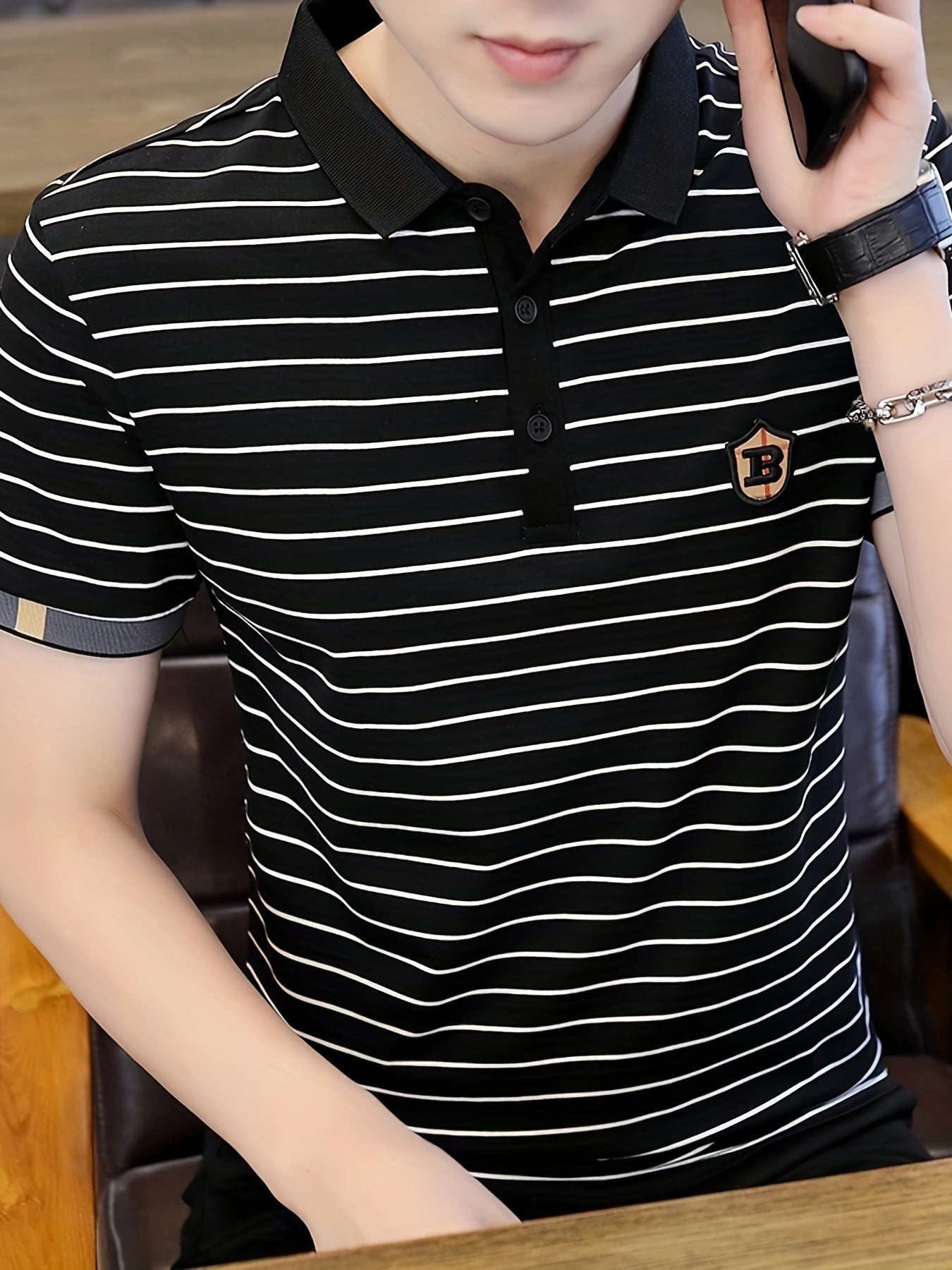 Men's Slim-Fit Black & White Striped Shirt with Golden Accent Collar & Chest Embellishment - Short Sleeve, Machine Washable, Tailored Casual & Semi-Formal Wear, Durable & Comfortable for Everyday Special Occasions, Versatile