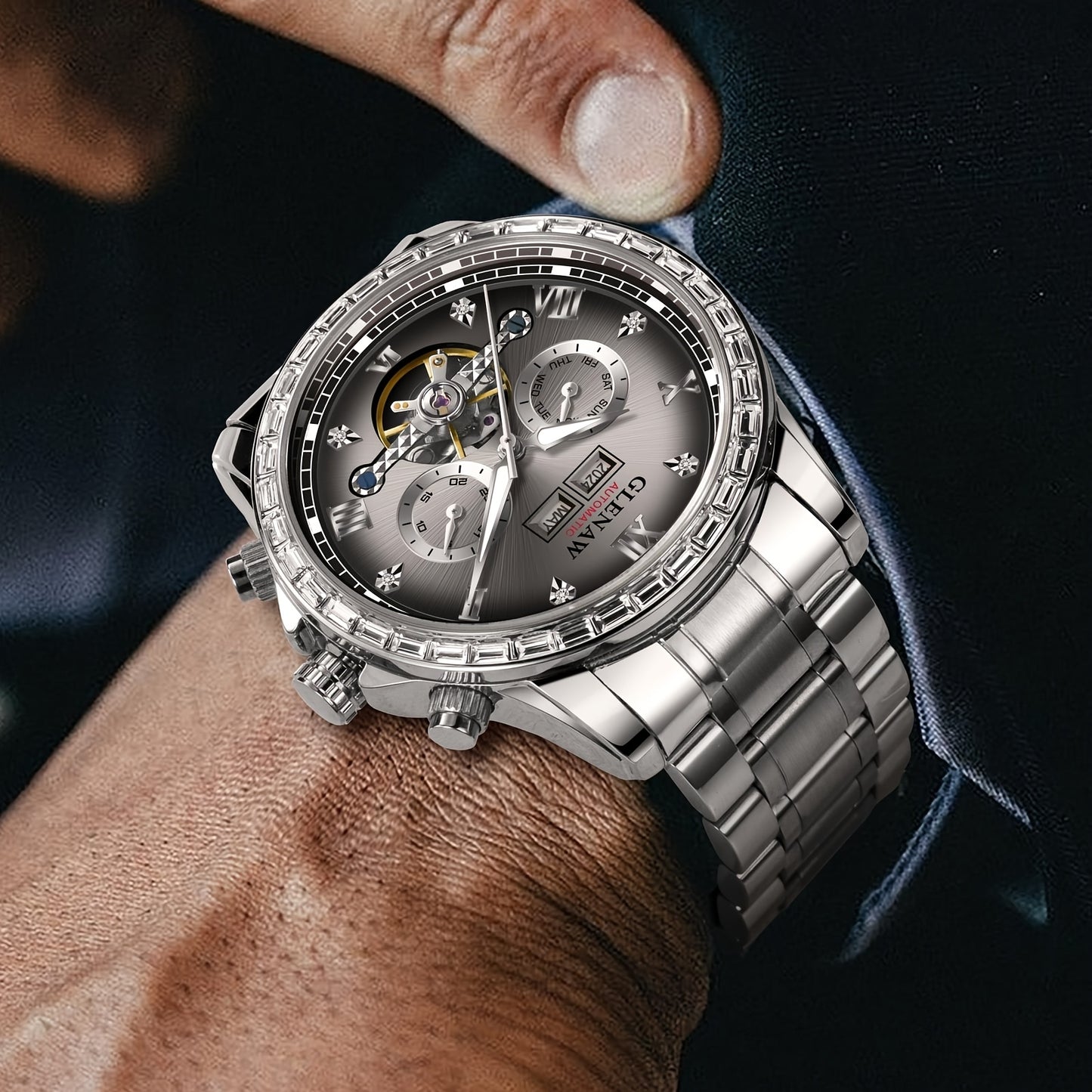 Men's Automatic Mechanical Watch, Rhinestone Case, Multi-function Perpetual Calendar Dial, Stainless Steel Strap, Year, Month, Day and Week Display, Automatic Mechanical Watch For Men, Mechanical Watches For Men High Quality,