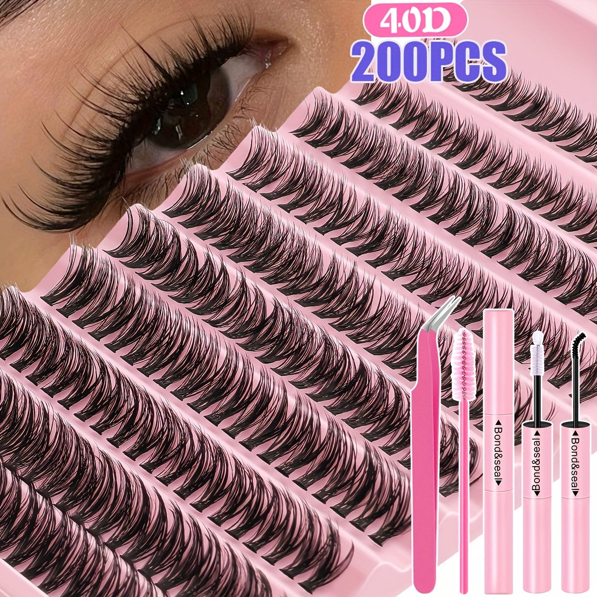 Kit d'extension de cils (160 ou 200 pièces) : extensions de cils volumineuses avec colle et fixateur, pince à épiler, touffes de cils épaisses, cils individuels fins, extension de cils courbée en D (30D, 40D, 80D, 8-16 mm).