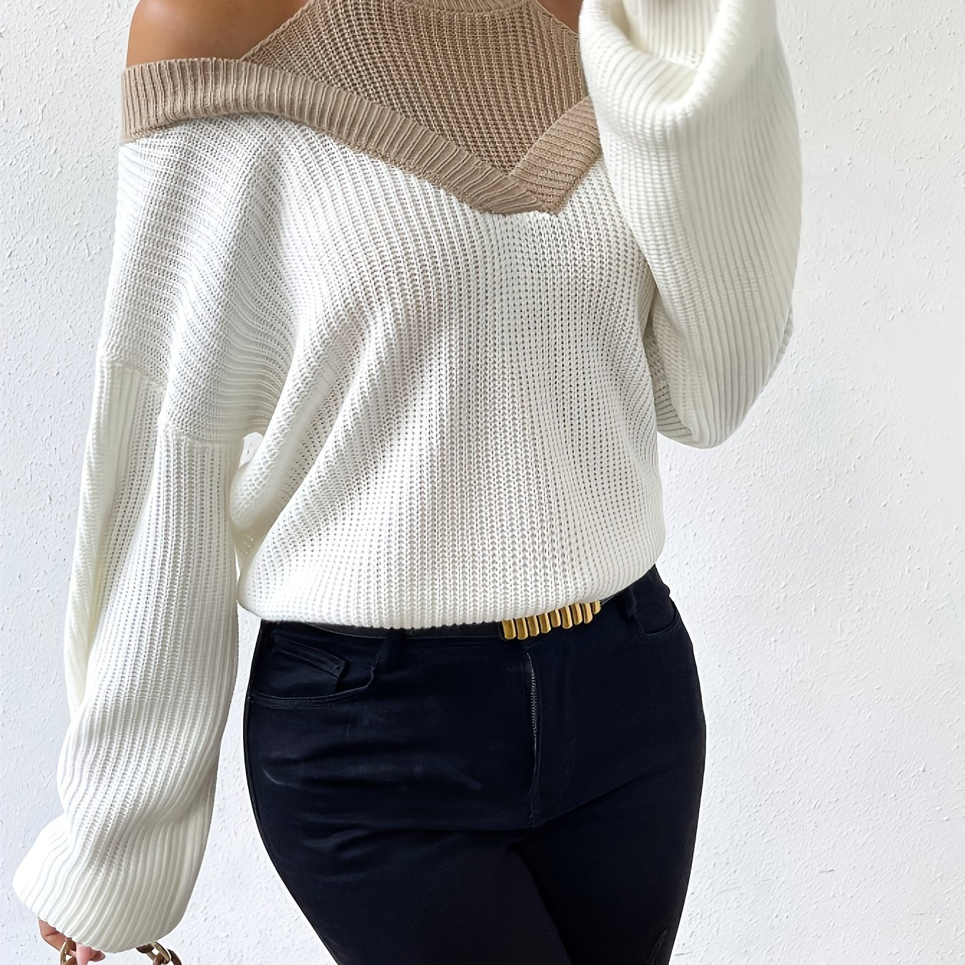Pull élégant épaules dénudées pour femmes – Manches longues, doux, couleur unie, coupe régulière, automne/hiver, polyvalent casual et formel, lavage à la main ou nettoyage à sec