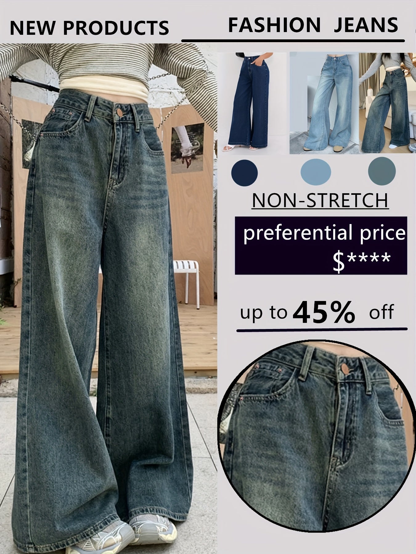 Jeans Femme Vintage Jambe Large Droite Non Extensible Taille Mi-Haute Toute Saison Décontracté et Formel