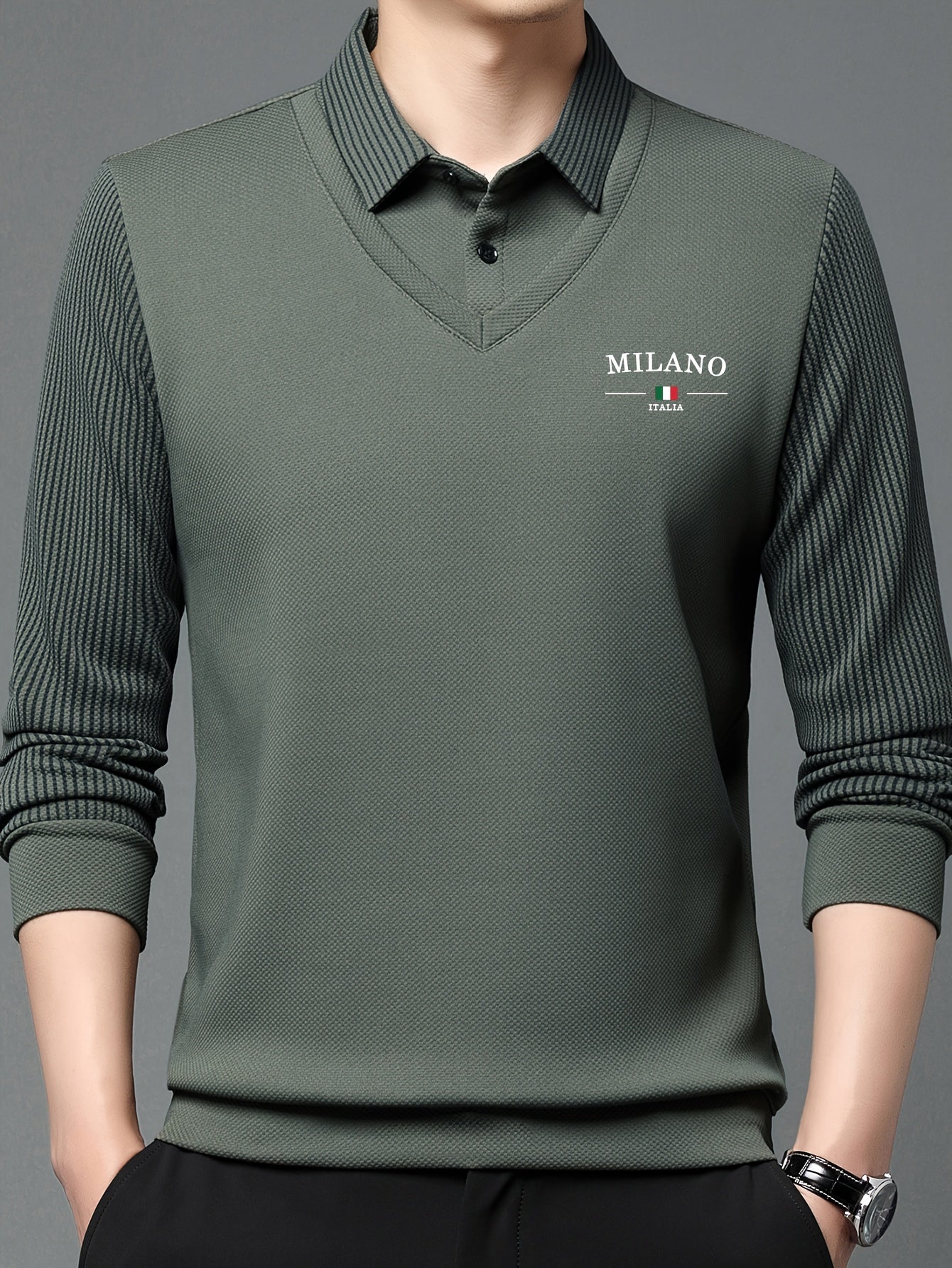 Men's All-Season Long Sleeve Shirt - Dark Green with White Contrast Collar &, Italian-Inspired Logo (Milano Italy Flag), Button-Front Placket, Casual to Smart-Casual Wear, Versatile for, Office & Everyday - Regular Fit