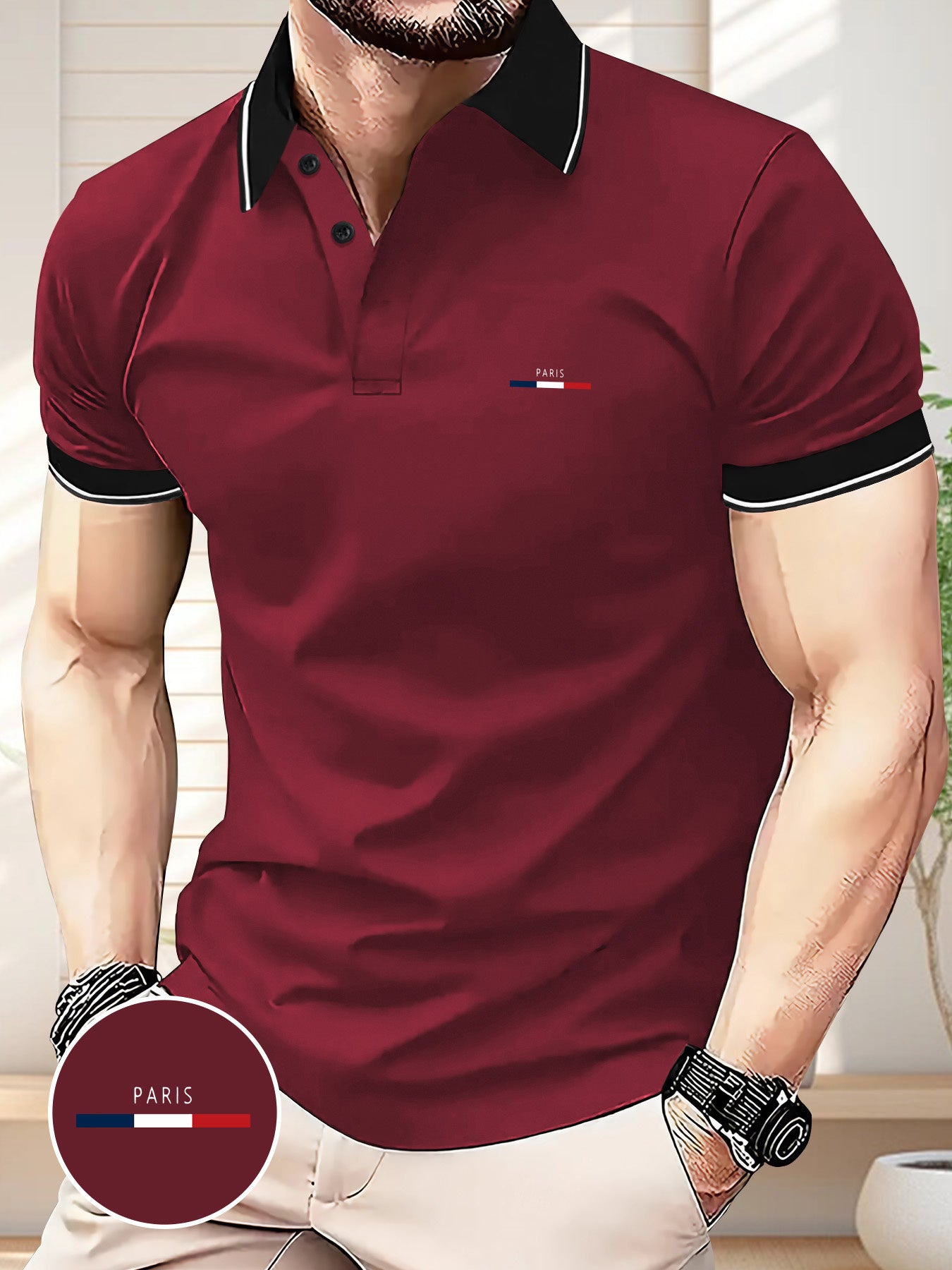 Men's Summer Business Casual Shirt - Maroon with Black Contrast Collar & Sleeve Trim, Geometric Pattern, Breathable Short Sleeve Golf & Tennis Shirt, Regular Fit, Machine Washable, Outdoor Leisurewear, Highquality Fa