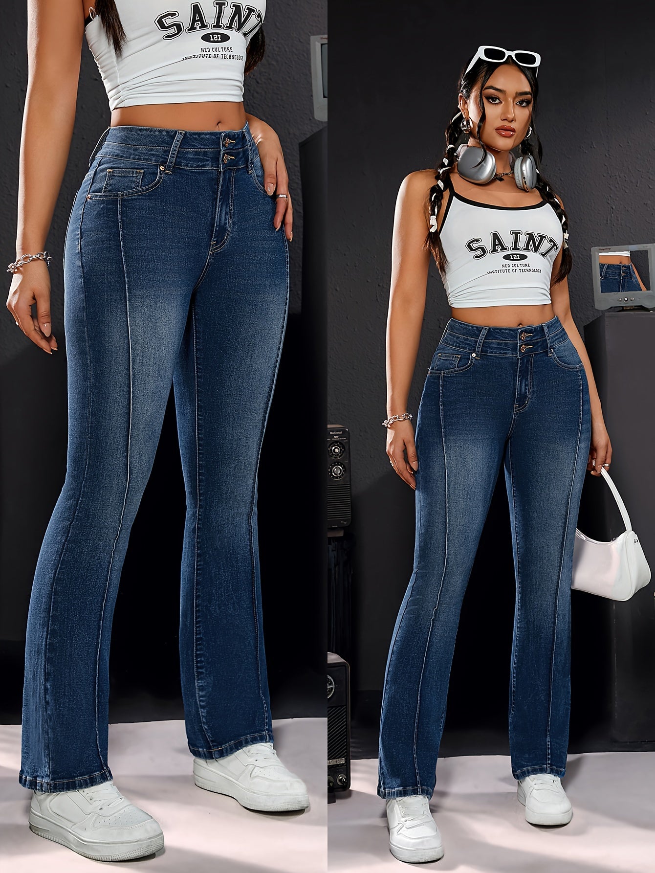 Jeans Femme Extensible Bootcut Double Boutons Décontracté Évasé Denim Lavable