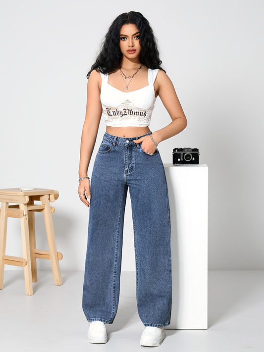 Jeans Femme Bleu Foncé Effet Snowflake Jambe Droite Large Non Extensible Zippé Toute Saison Décontracté et Formel