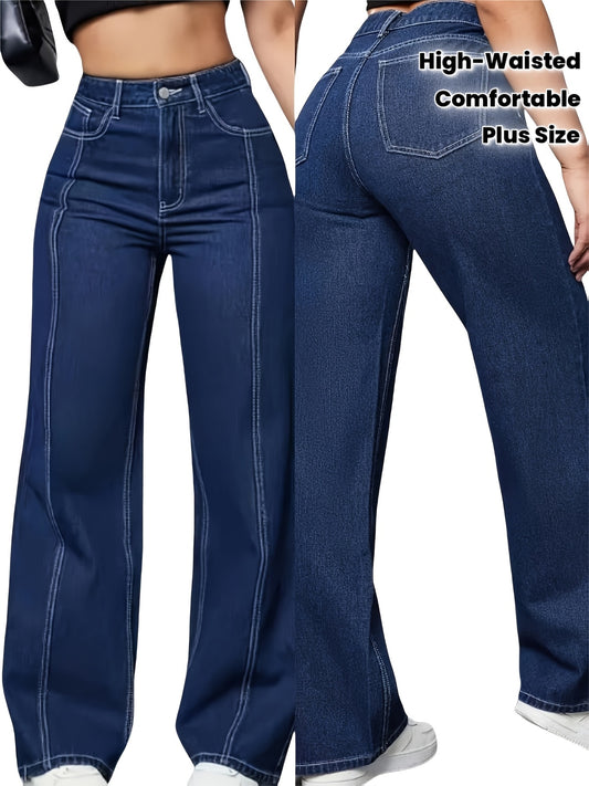Jeans Femme Grande Taille – Taille Haute, Jambe Droite et Large, Bleu avec Poches Obliques
