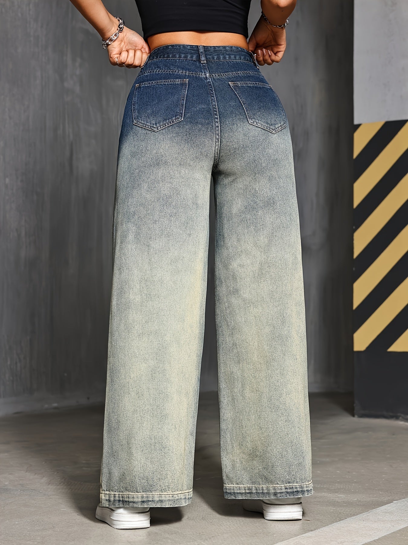 Jeans Femme Taille Haute Dégradé Jambe Large Style Street Bootcut Poches Boutons Toute Saison Confort Décontracté