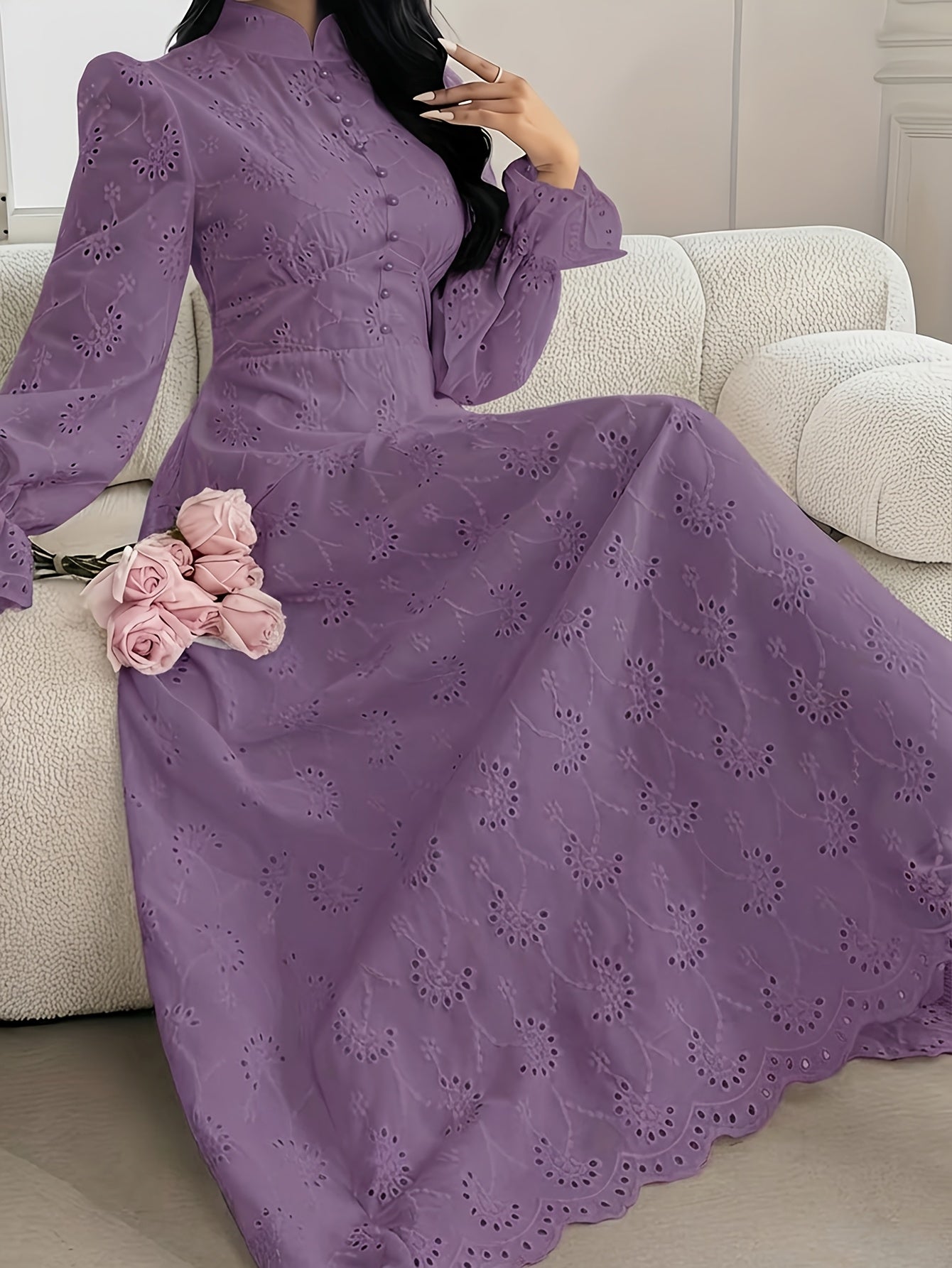 Women'S French Embroidered Stand Collar Puff Sleeve Dress Featuring a Ruffled Design, Suitable for Dates, Vacations, Parties, And Everyday Commuting.