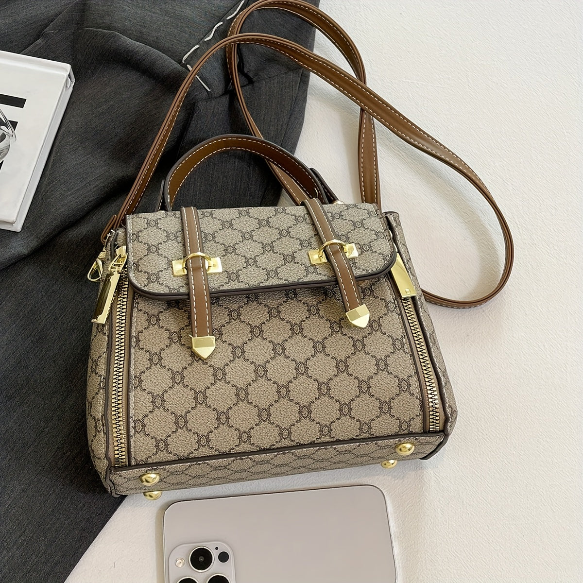 Sac à main grande capacité pour femmes– motif géométrique, fermeture magnétique, ferrures dorées, doublure polyester