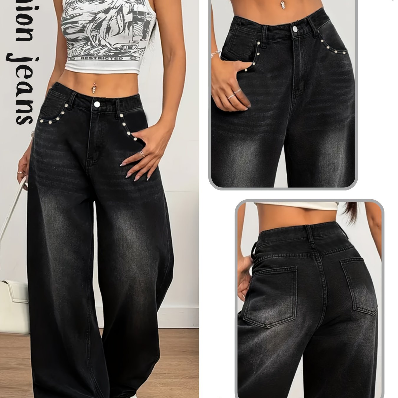 Jeans Femme Taille Haute Noir Jambe Droite Extensible Poches Obliques Clous Confortable Toute Saison Polyvalent