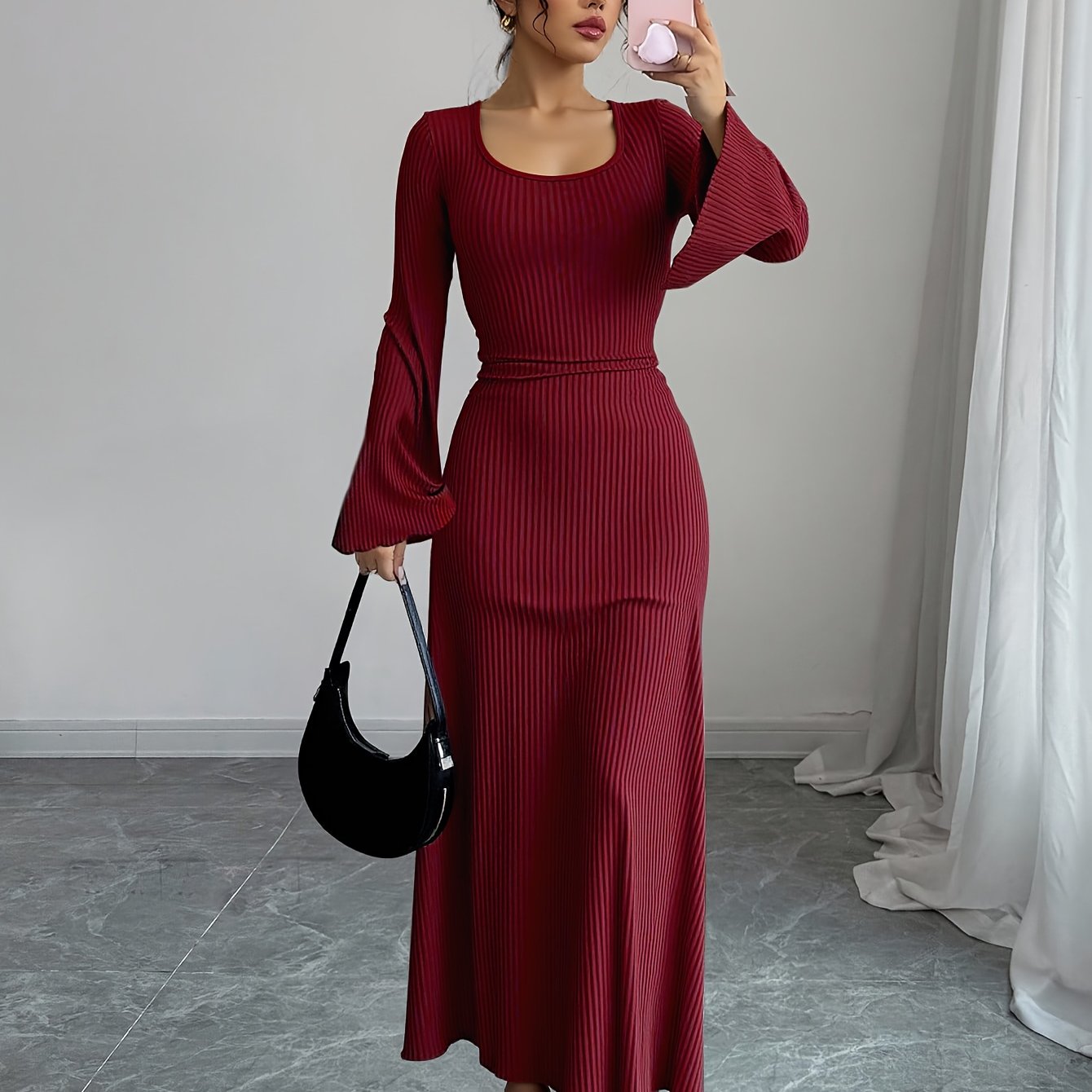 Robe Maxi Traditionnelle Femme Élégante – Couleur Unie, Manches Bouffantes, Nœud au Dos, Silhouette A-Ligne, Col Rond, Longue, Idéale Événements Formels