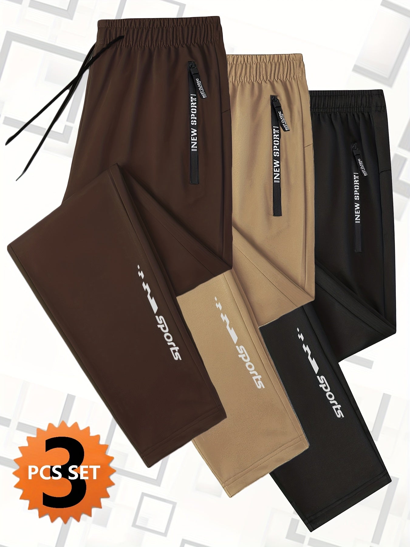 3pcs Joggers Homme – Cordon, Poches Zippées, Sport & Casual, Noir, Tout Saison