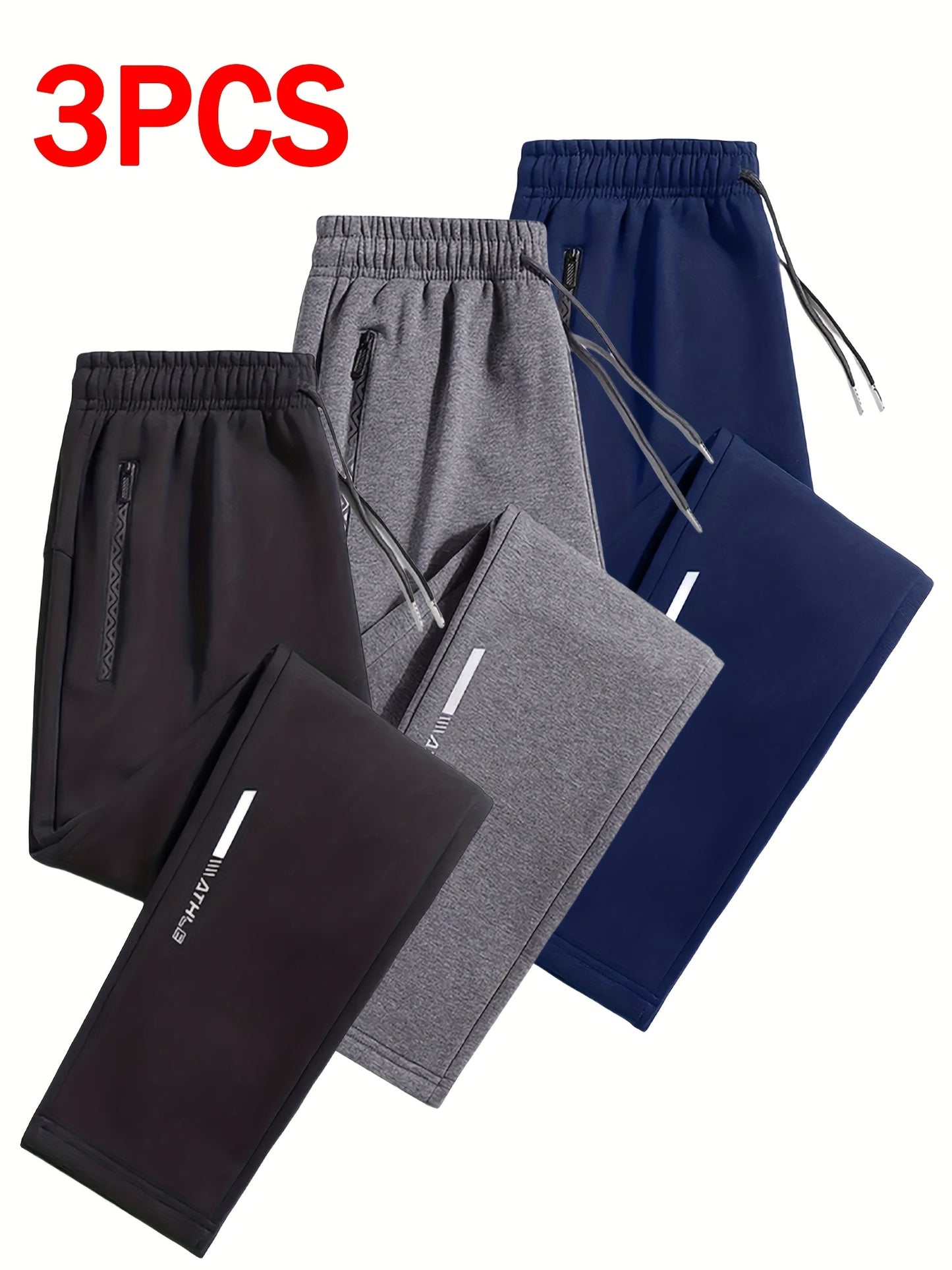 Lot de 3 Joggers Homme – Tissu Maille Douce, Taille à Cordon, Jambe Droite, Poches Zippées, Gris Chiné/Bleu Marine