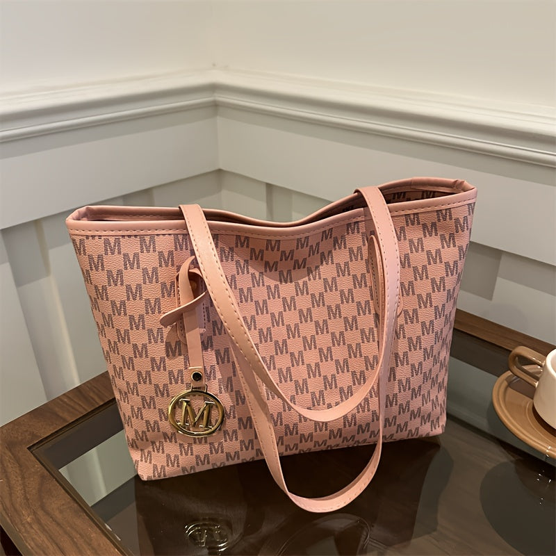 Sac à Main Femme Élégant – Imprimé Géométrique, Cuir Synthétique, Sangle Chaîne Dorée, Logo "M", Grand Sac Tote avec Compartiments Multiples, Fermeture Éclair, Convertible Bandoulière/Épaule, Idéal Usage Quotidien (Copie)