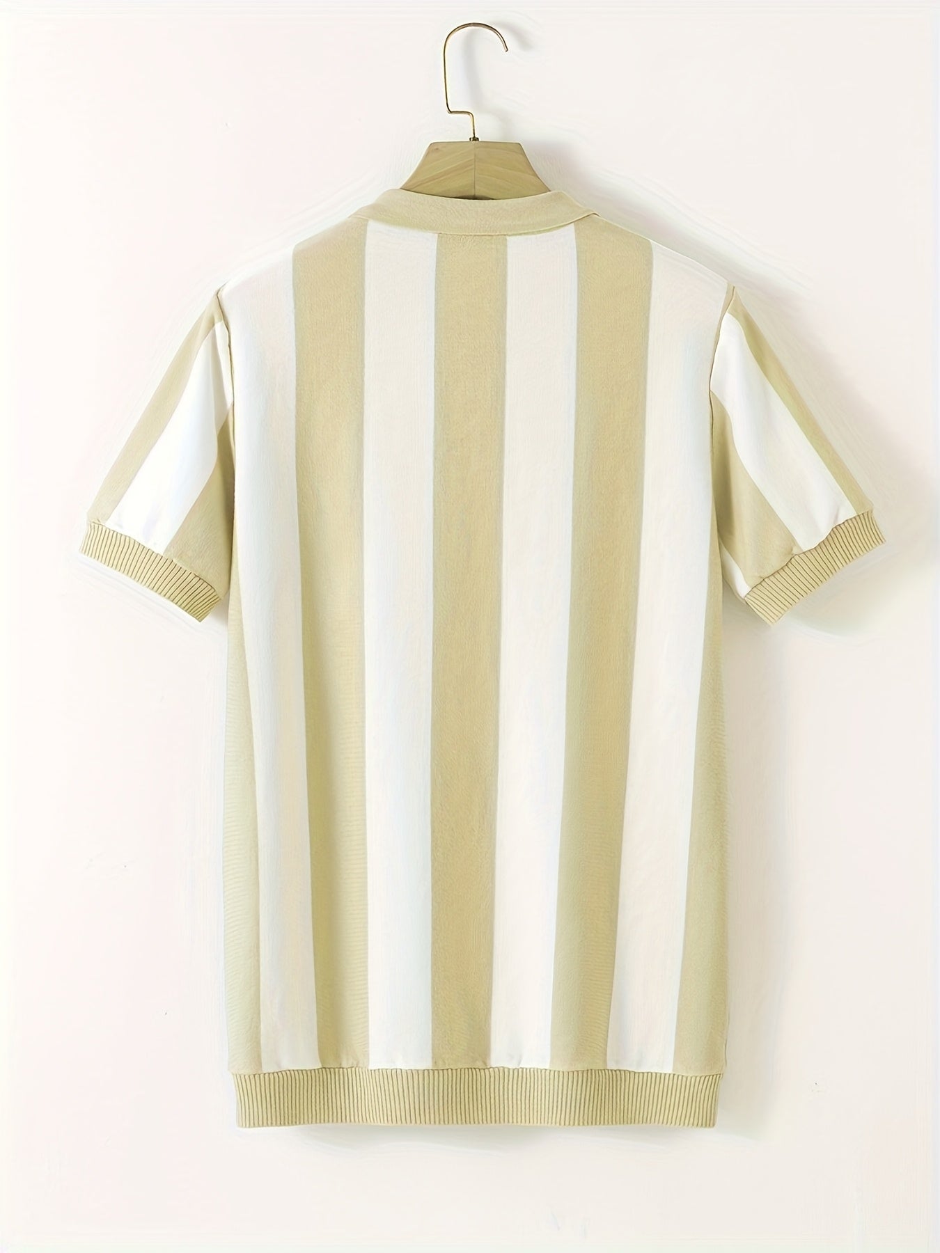 Men'S Beige & White Striped Short Sleeve Polo Shirt - Lightweight, Breathable Knit Fabric, Regular Fit, Perfect for Golf, Business Casual, and Spring/Summer Outings, Golf Attire | Classic Polo Design | Medium Elasticity
